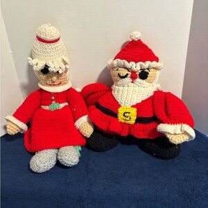 Vintage 12” Pair Santa & Mrs. Claus Crochet Christmas Plush Handmade Decor Toy